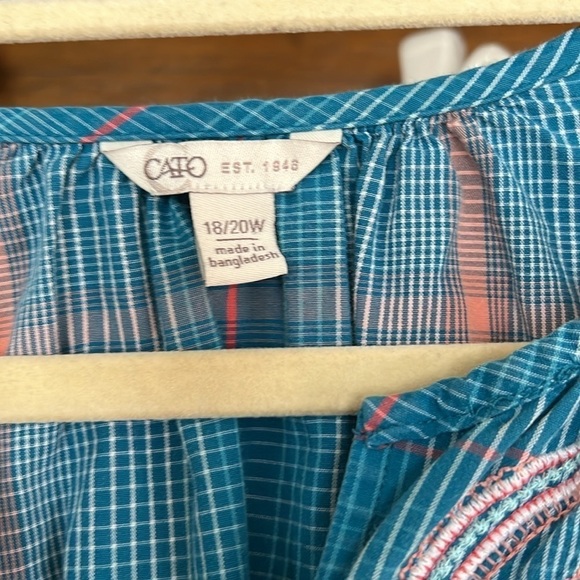 CATO Turquoise/Coral/White Eyelet Detail Pin Striped Blouse, Size 18/20W, EUC. - Picture 3 of 8